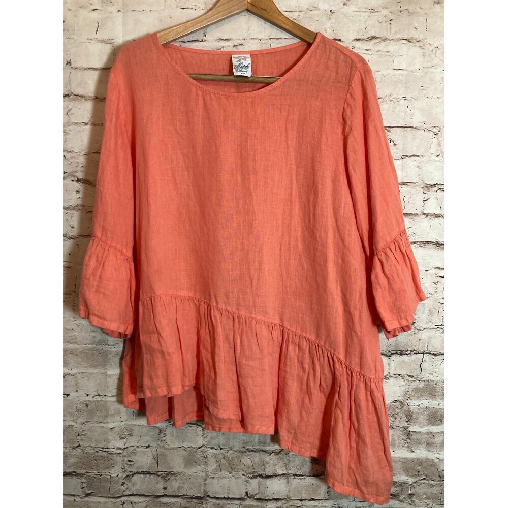 Match Point Linen Top Womens Medium Coral Orange Oversized Ruffle Asymmetric Hem